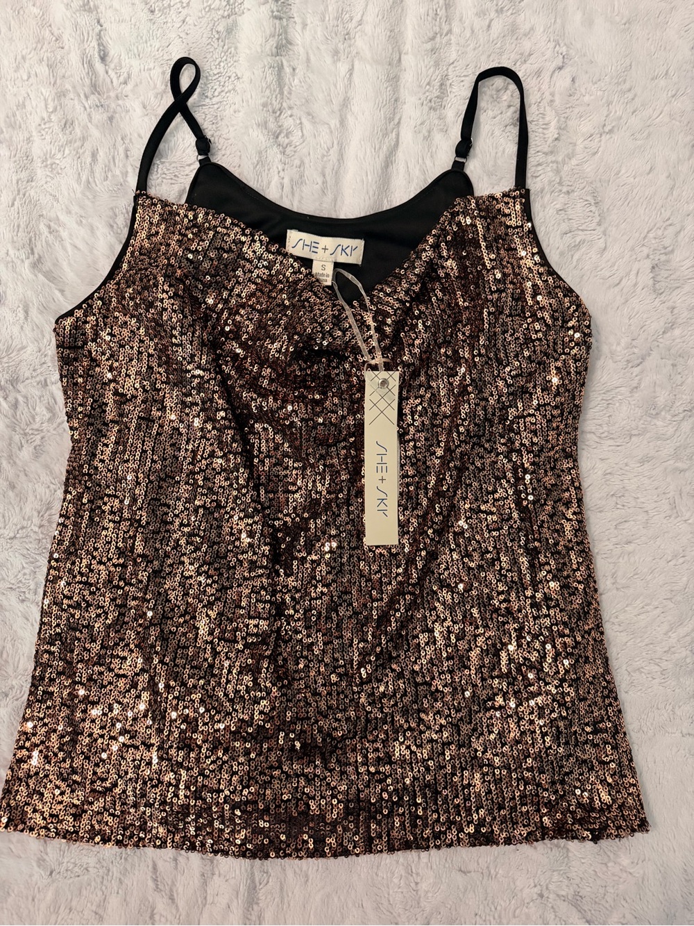 NWT she + sky brown sequin spaghetti strap tank top cowl neckline - Picture 2 of 4